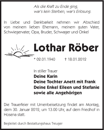 Traueranzeige von Lothar Röber von WochenKurier