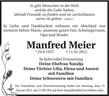 Traueranzeige von Manfred Meier von WochenKurier
