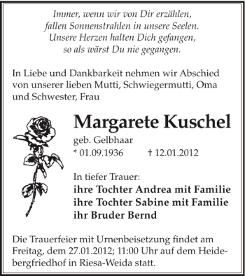 Traueranzeige von Margarete Kuschel von WochenKurier
