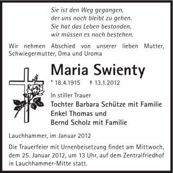 Traueranzeige von Maria Swienty von WochenKurier