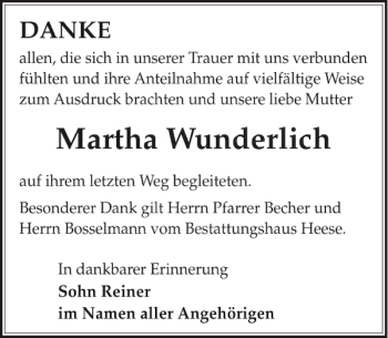 Traueranzeige von Martha Wunderlich von WochenKurier