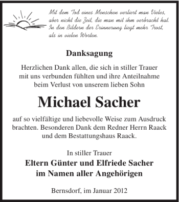 Traueranzeige von Michael Sacher von WochenKurier