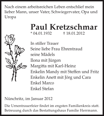 Traueranzeige von Paul Kretzschmar von WochenKurier