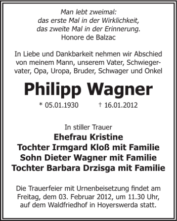 Traueranzeige von Philipp Wagner von WochenKurier