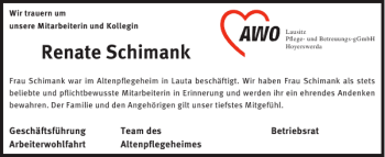 Traueranzeige von Renate Schimank von WochenKurier