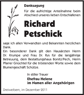 Traueranzeige von Richard Petschick von WochenKurier