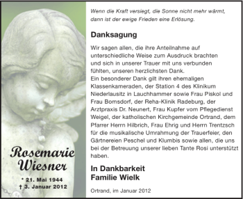 Traueranzeige von Rosemarie Wiesner von WochenKurier