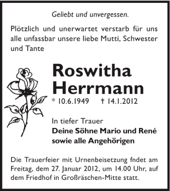 Traueranzeige von Roswitha Herrmann von WochenKurier
