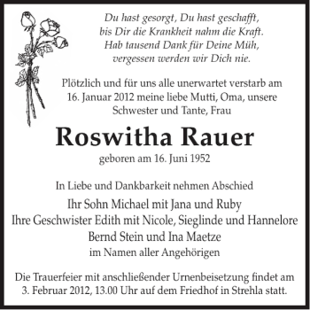 Traueranzeige von Roswitha Rauer von WochenKurier