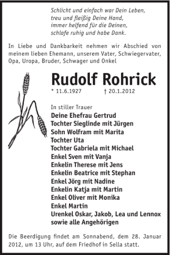 Traueranzeige von Rudolf Rohrick von WochenKurier