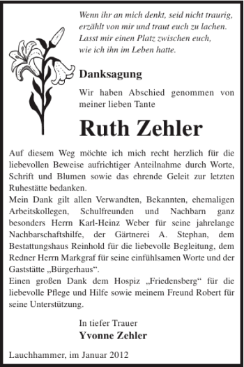 Traueranzeige von Ruth Zehler von WochenKurier