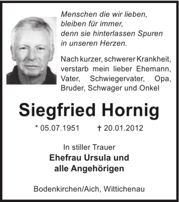 Traueranzeige von Siegfried Hornig von WochenKurier