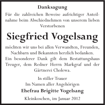 Traueranzeige von Siegfried Vogelsang von WochenKurier