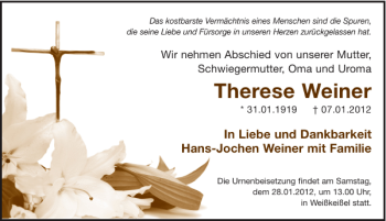 Traueranzeige von Therese Weiner von WochenKurier