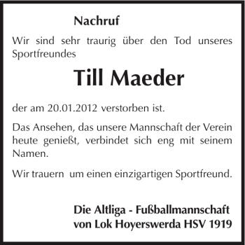 Traueranzeige von Till Maeder von WochenKurier
