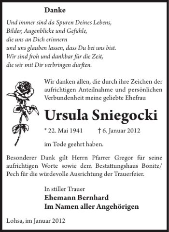 Traueranzeige von Ursula Sniegocki von WochenKurier
