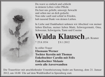 Traueranzeige von Walda Klausch von WochenKurier