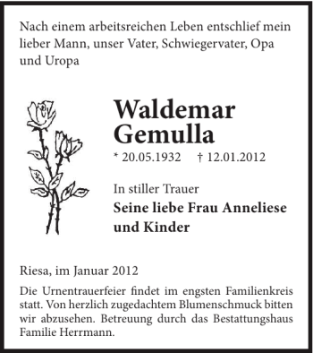 Traueranzeige von Waldemar Gemulla von WochenKurier