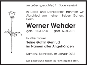 Traueranzeige von Werner Wehder von WochenKurier