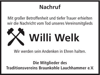 Traueranzeige von Willi Welk von WochenKurier