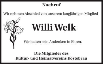 Traueranzeige von Willi Welk von WochenKurier
