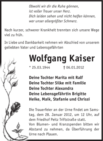 Traueranzeige von Wolfgang Kaiser W von WochenKurier