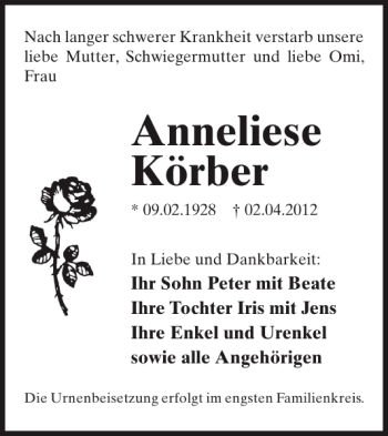 Traueranzeige von Anneliese Körber von WochenKurier