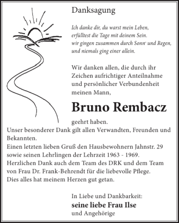 Traueranzeige von Bruno Rembacz von WochenKurier