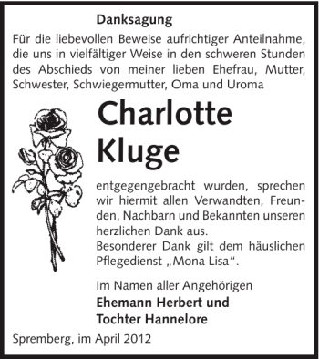 Traueranzeige von Charlotte Kluge von WochenKurier