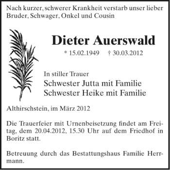 Traueranzeige von Dieter Auerswald von WochenKurier