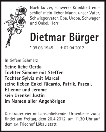 Traueranzeige von Dietmar Bürger von WochenKurier