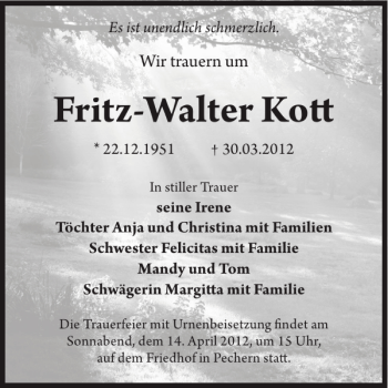 Traueranzeige von Fritz-Walter Kott von WochenKurier