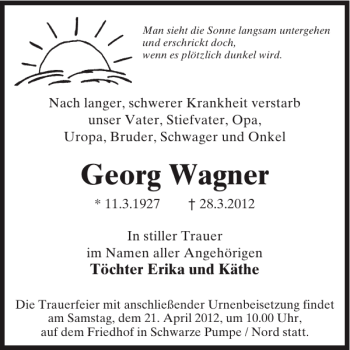 Traueranzeige von Georg Wagner von WochenKurier