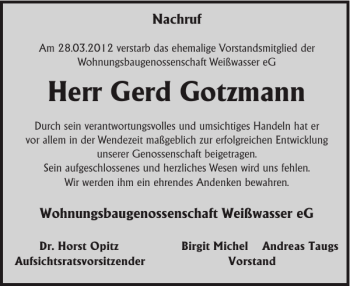 Traueranzeige von Gerd Gotzmann von WochenKurier