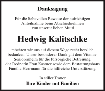 Traueranzeige von Hedwig Kalitschke von WochenKurier