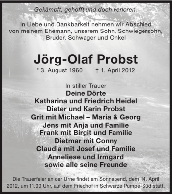 Traueranzeige von Jörg-Olaf Probst von WochenKurier