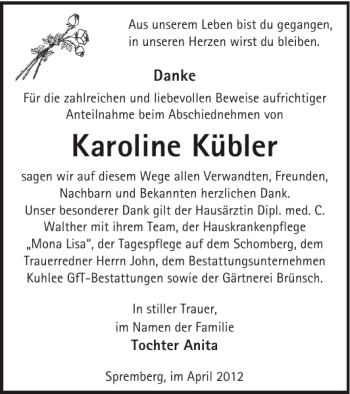 Traueranzeige von Karoline Kübler von WochenKurier
