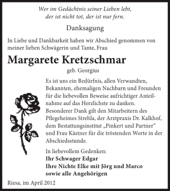Traueranzeige von Margarete Kretzschmar von WochenKurier