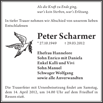 Traueranzeige von Peter Scharmer von WochenKurier