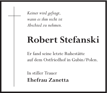 Traueranzeige von Robert Stefanski von WochenKurier