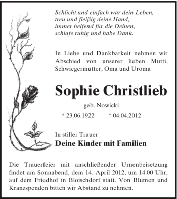 Traueranzeige von Sophie Christlieb von WochenKurier
