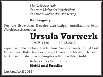 Traueranzeige von Ursula Vorwerk von WochenKurier