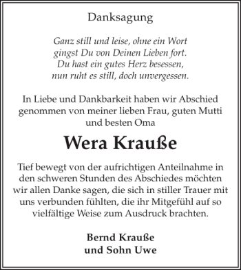 Traueranzeige von Wera Krauße von WochenKurier