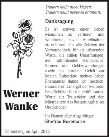 Traueranzeige von Werner Wanke von WochenKurier