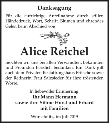 Traueranzeige von Alice Reichel von WochenKurier