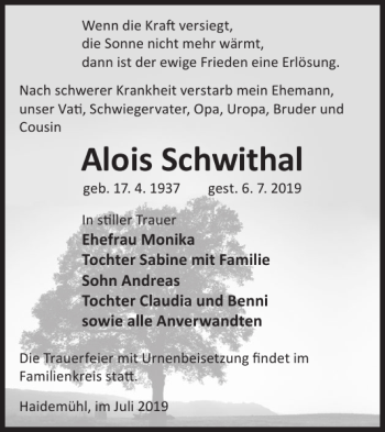 Traueranzeige von Alois Schwithal von WochenKurier