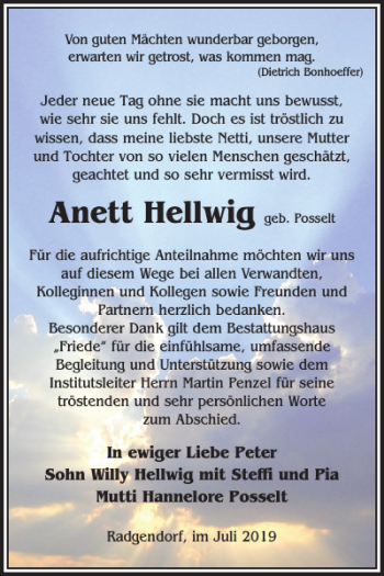 Traueranzeige von Anett Hellwig von WochenKurier