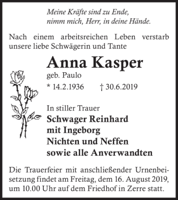 Traueranzeige von Anna Kasper von WochenKurier