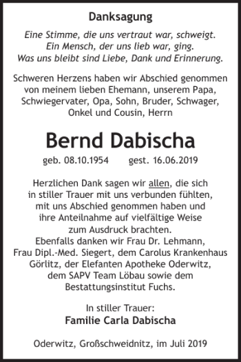 Traueranzeige von Bernd Dabischa von WochenKurier