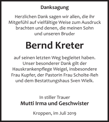 Traueranzeige von Bernd Kreter von WochenKurier